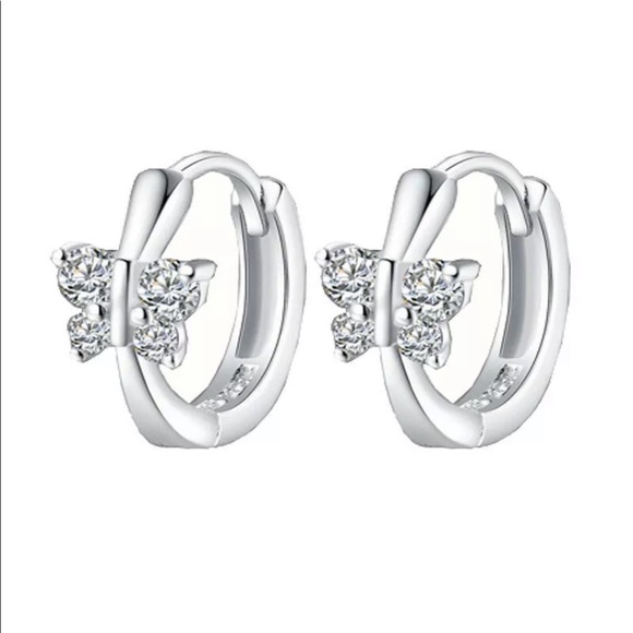Silver Diamond Butterfly Huggie Hoop Earrings - Picture 3 of 7